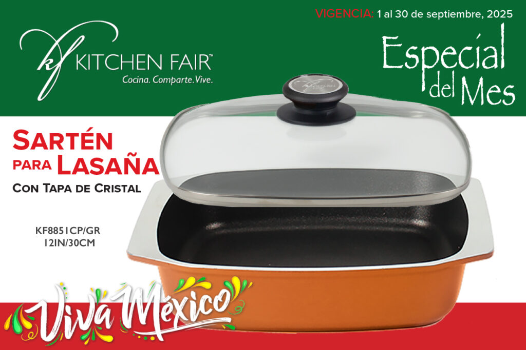 En estas Fiestas Patrias, celebra con todo el sabor de México cocinando en tu Sartén multiusos para lasaña
y más, en promoción. Sorprende a tu familia con recetas tradicionales y creativas como una deliciosa
lasaña de calabaza, auténticas enchiladas norteñas, los clásicos chiles en nogada y muchos platillos más
que realzarán tu mesa en estas fechas tan especiales.